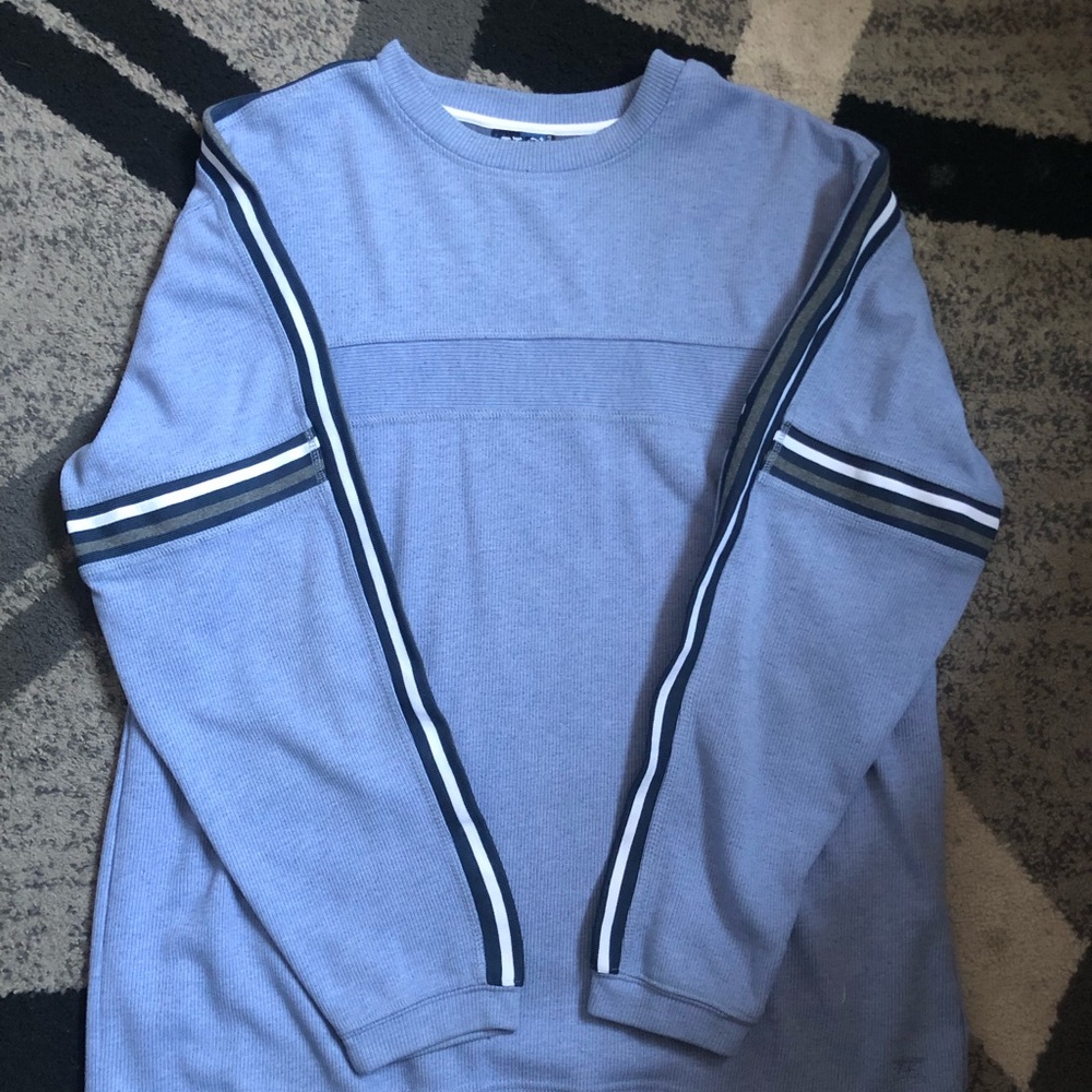 Light Blue Crewneck Sweater with Navy & White Sleeve Stripes